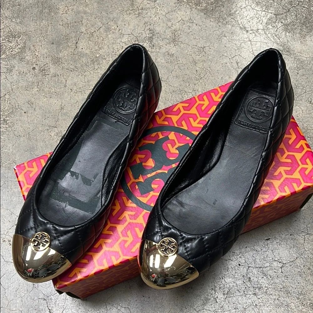 Tory Burch Black Quilted Ballet Flats with Gold Cap Toe